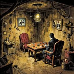 a detailed concept art of a serial killers basement, by moebius