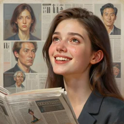 3 d, close - up, happy fashion model looking up, newspaper, tears, poster art, intricate oil painting, high detail, figurative art, multiple exposure, poster art, 3 d, by stanley kubrick and tooth wu and wlop and beeple