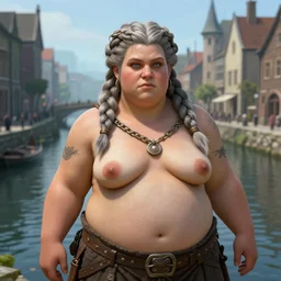a chubby dwarven woman by a canal the middle of the city, by johan grenier, fantasy artwork, dragon age, intricate braided hair, short plump figure, smooth, highy detailed face, centered, ultra detailed, 8 k, hd