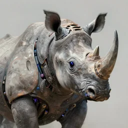 an anthropomorphic rhinoceros portrait wearing a part cybernetic body, surrealism , scifi, intricate mecha armor, elegant, highly detailed cybernetic body, neon glowing eyes, digital painting, artstation, concept art, smooth, sharp focus, illustration, art by Artgerm and moebius and Peter Mohrbacher,