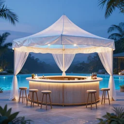 a bar made with translucid tent, swiming pool in front, blue hour, vray, unreal engine, architecture, luxigon