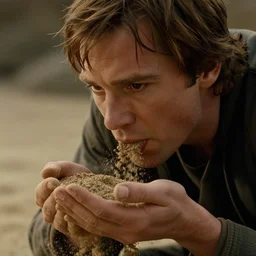 Hayden Christensen in Attack of the Clones eating sand by scooping it up in his hands, close up, 4K photography, cinematographic
