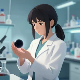 worksafe. insanely detailed. by wlop, ilya kuvshinov, makoto shinkai, cushart krentz, greg rutkowski, pixiv. zbrush sculpt, octane, maya, houdini, vfx. a beautiful young female scientist in a laboratory, holding a small black hole in hands, ponytail. elegant, sharp focus, morandi color scheme, illustration, high quality, digital art