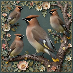 3 d rendering of ethereal bohemian waxwing bird, bombycilla garrulus, intricate details, ornate, detailed, octane 3 d render, johanna rupprecht, william morris, trending on artstation, a bird sitting on top of a tree filled with flowers, by marco mazzoni, featured on cgsociety, rococo, whimsical, artgerm