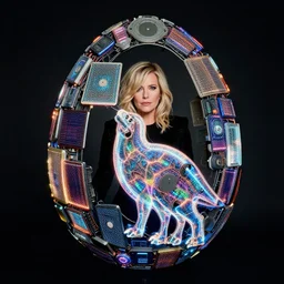 annie liebowitz portrait of a plasma energy tron dinosaur egg in the shape of a random circular shapes, made up of glowing electric plates and patterns. cinestill