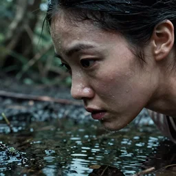 movie still close - up of a skinny white japanese female ghost face going out of water puddle, swamp backround, cinestill 8 0 0 t 3 5 mm eastmancolor, heavy grain, high quality, noir, natural textures, photorealistic, ambient occlusion, hd, ultra wide lens, anamorphic, washy color