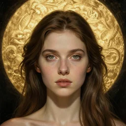 Woman masterpiece, golden halo behind her head, by Edgar Maxence and Ross Tran, Zdzisław Beksiński, and Michael Whelan, distant, gustav dore, H.R. Giger, 8k, octane render, beautiful eyes