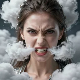 a highly detailed digital image of a beautiful futuristic woman with a furious glare and white clouds erupting out of her mouths, by Andrew Chiampo, artstation, and Frederik Heyman, extremely detailed woman, stunning volumetric lighting, hyper realism, fantasy, 4k