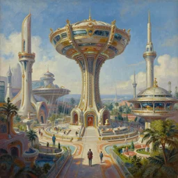 sci - fi amusement park in 2 4 th century, rococo art, by ranganath krishnamani, by james gilleard, by ian mcque, by paul thurlby, trending on artstation, oil on canvas, hd, sharp, detailed,