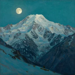 mt elbrus at night, the moon refraction distorted edges, arkhip kuindzhi painting, teal palette