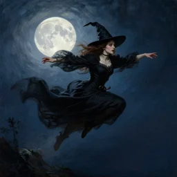 attractive male witch magically flying trough the night, fantasy, full moon in background. highly detailed painting by gaston bussiere, craig mullins, j. c. leyendecker 8 k