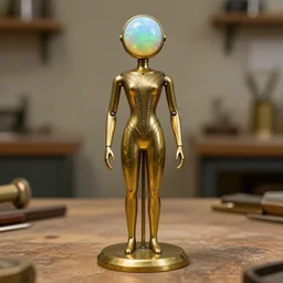 brass automaton in art deco style with a round polished opal for a head, full body, workshop background, concept art, artstation trending, high detail, warm light