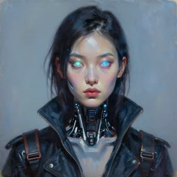 hyperrealism oil painting portrait of cyberpunk cyborg fashion model with glowing eye