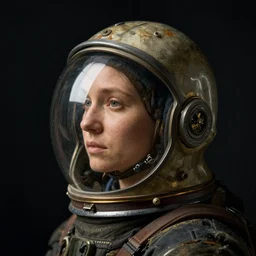 a woman's face in profile, wearing a glass space helmet, in the style of the dutch masters and vaughan oliver, dark and moody