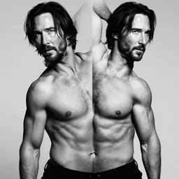 keanu reeves but it's a symmetrical photo shot in black and white and he is gigachad, he is shirtless and very muscular, he has veins on his arms, bodybuilder