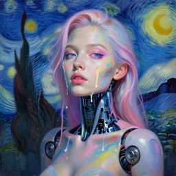 neonlight portrait of a beautiful female robot, liquid paint dripping over her face, airbrush strokes, intimate, pastel shades colors, beautiful face covered in paint, body made of spray paint, rule of thirds, spotlight, expressive, passionate, by tom bagshaw, by jeremy mann, by francoise nielly, by vincent van gogh, oil painting, 8 k