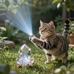 Cat playing with a crystal in the garden, raytracing, very realistic, 4k