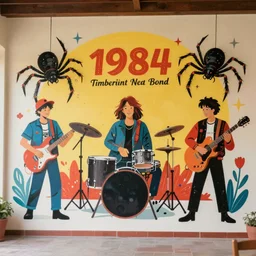 Vibrant colored wall mural for a rockband singing songs about time traveling spiders, 1983