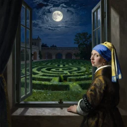 medium shot, cinematic, view from the castle window of the green grass maze, labyrinth, windowsill, enhancements, moon light, moonlit, night, by john ward, by levitan, by arthur walker, by vermeer, by monet, oil on canvas, royal academy, masterpiece, trending on artstation, cinematic composition, dramatic pose, beautiful lighting, sharp, details, hyper - detailed, hd