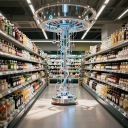 A interior view of a grocery store in the future, nanotech is ubiquitous
