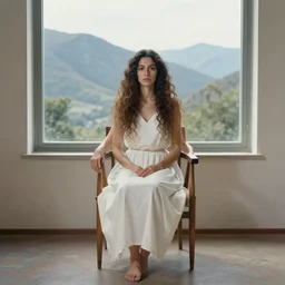 turbulent deuteranopia by moshe safdie, by ruth orkin. a beautiful conceptual art of a woman with long curly hair, wearing a white dress & sitting in a chair in front of a window with a view of a mountainside.