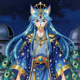 portrait from an anime of an ethereal colorful blue gold starry fox peacock spirit character, giant golden fangs, wearing star filled magic imbued mage robes, wearing lots of gold jewelry and gems, set in observatory at night, art by yuji ikehata, background art by miyazaki, realism, detailed, proper human proportions, fully clothed