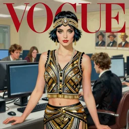 vogue magazine, computer lab, vintage roaring 2 0 s flapper, greg rutkowski, john singer sargent, anime, trending on pixiv, oil painting, crop top, intricate