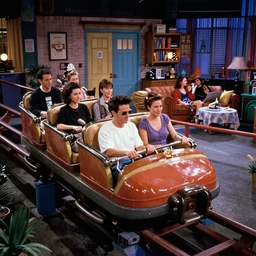 1990s photo of inside the Friends Show themed roller coaster at Universal Studios in Orlando, Florida, people riding a sofa coaster through the Friends apartments , cinematic, UHD