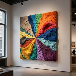 colorful abstract fuzzy sculpture art on the wall in modern architecture art studio soho new york, cinematic lighting, hyper - realistic, detailed, render by c 4 d octane, unreal engine, 8 k 3 d render