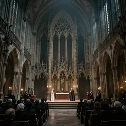 inside a grand gothic fractal and recursive medieval massive hall, multiple people attend a ceremony. dark mood gothic. fog is in the air. detailed. high quality. film grain. detailed, matte, render in octane, 4 k