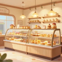 cute retro bakery interior, display cases with pastries and baked goods, soft lighting, warm, cozy, highly detailed, artstation
