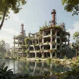 a beautiful photorealistic illustration of industrial architecture garden unfinished building abandoned building nature urbex by santiago calatrava, lake assassin's creed, archdaily, wallpaper, highly detailed, trending on artstation.