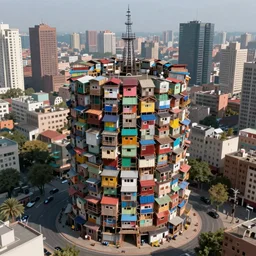a circular tower, made up of colourful makeshift squatter shacks in city downtown, dystopia, sony a 7 r 3, f 1 1, fully frontal view, ultra detailed, photographed by andreas gursky,