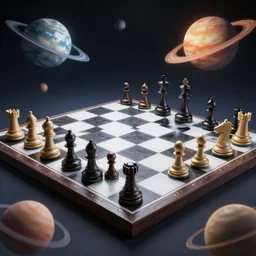 chessboard with planets as pieces, octane render, ray traced