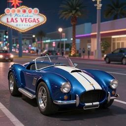 a wholesome animation key shot of!! one!! focused!! ac cobra!!, shiny deep blue with white stripe, in a las vegas street, wide shot, studio ghibli, pixar and disney animation, sharp, very detailed, high resolution, rendered in unreal engine 5, anime key art by greg rutkowski, bloom, dramatic lighting