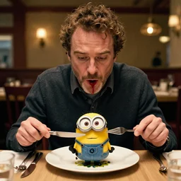 seth rogan holding a fork and knife, about to eat a minion that is on the plate in front of him, seated in a restaurant