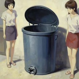 full view, from a distance, of anthropomorphic trashcan from the novel neuromancer by william gibson, style of yoshii chie and hikari shimoda and martine johanna, highly detailed
