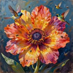 absolutely surreal flower painting with birds and insects, vivid beautiful colors, sunlight, realistic shadows, reflections, by James Jean and Ross Tran and James Gilleard and Mark Ryden