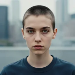sadie sink, portrait with buzzcut hair and city background, smokewave aesthetic