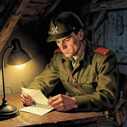 color comics art illustration by jose maria jorge in the style of commando comics ; matt damon as an american sergeant writing a letter under a table lamp, all alone at night, in a cabin in france, full portrait, year 1 9 4 2 in france, insanely detailed and intricate, world war 2, cinematic dramatic light, detailed