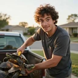 a lovely man with curly hair and big brown eyes, shoveling turtles into the back of a suburban, golden hour, portrait,