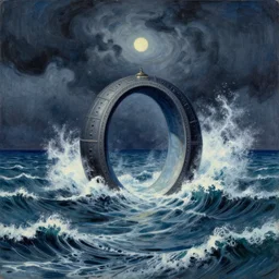 intergalactic stargate portal in the middle of a stormy sea, with waves crashing all around it by franz marc