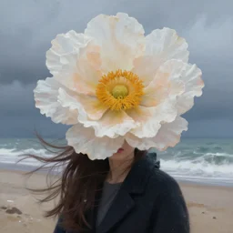 closeup, giant flower under head, a girl on beach, surreal photography, wind and cold, dramatic sky, impressionist painting, digital painting, artstation, simon stalenhag