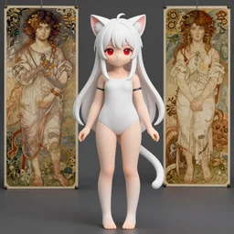 a cute anime girl wtih cat ears and tail, white hair, red eyes, full body, matte painting, by greg rutkowski and ilya kuvshinov and alphonse maria mucha and matsumoto taiyou, super clear details, hyper realistic, trending on artstation, 8 k