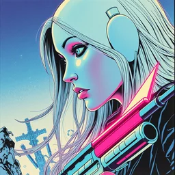 a close - up grainy, risograph drawing, hyper light drifter, neon colors, a big porcelain glossy eva 0 0 1 - like head, with long hair, floating above the sharp peaks weapons, style by moebius and kim jung gi