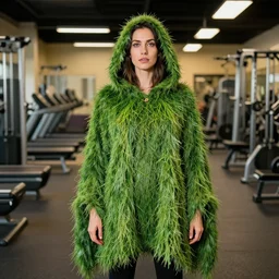 a woman wearing a cloak made of grass, in a planet fitness, color photograph, by vincent desiderio, canon eos c 3 0 0, ƒ 1. 8, 3 5 mm, 8 k, medium - format print