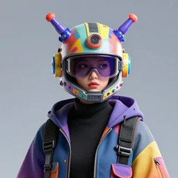 full portrait of a post modern hybrid fashion model with an exuberant tactical biochemical helmet, colorful, octane render, vray, detailed, halftoned, editorial illustration, matte print, grainy light, ( ( dither ) ), risograph, high contrast, screen print, grainy texture