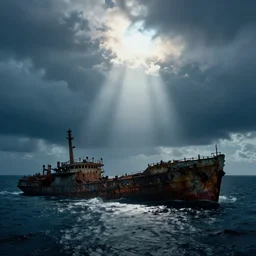 thick clouds, centered god rays, moody, colorized,!!! sunk, ocean floor, shipwreck, dramatic light, ultrafine, hyperrealistic, 3 2 k, 3 5 mm film still, movie