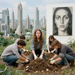 non binary future world, sustainable cities in a harmonious coexistence, noa is working with his neighbors to collect compost, super 8 portrait by leonora carrington, kiki smith, judy chicago 4 k, 8 k, perfect face