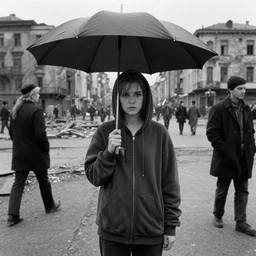 sadie sink in hoodie at umbrella stand in ruined square, pedestrians on both sides ignore her, old tenements in background : grainy b & w 1 6 mm film, 2 5 mm lens, medium shot from schindler's list by steven spielberg. cyberpunk, steampunk. cinematic atmosphere and composition, detailed face, perfect anatomy
